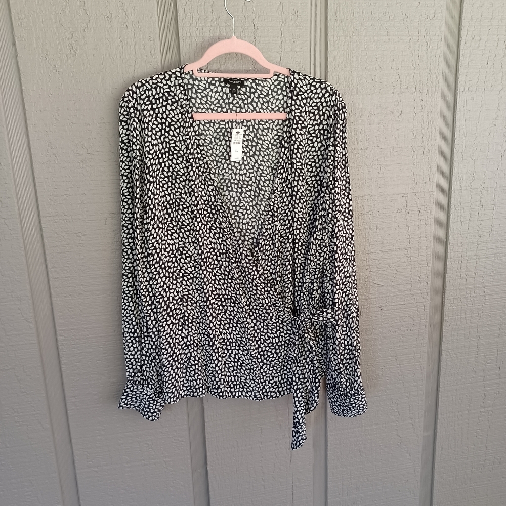Talbots Faux Wrap Leopard Print Blouse Size XL Preppy Women Long Sleeve V Neck